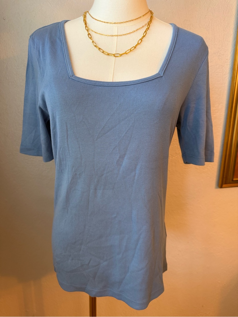 225~ New! American Giant Slate Blue Square Neck Short Sleeve Ribbed Top